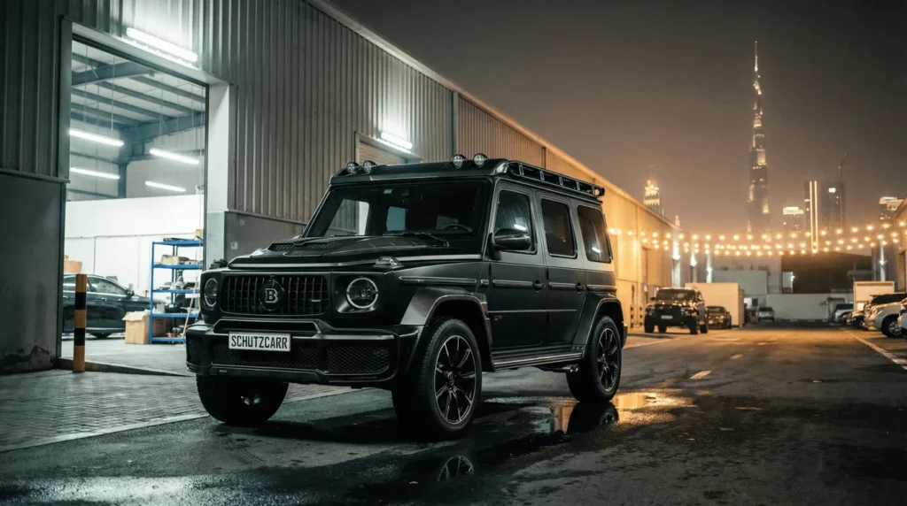A Brabus G-Wagon parked outside a warehouse schutzcarr