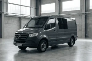 A modern civilian armored Mercedes-Benz VIP SPRINTER in an industrial-style facility schutzcarr