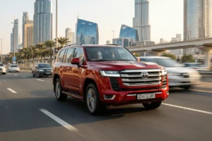 A red Toyota Land Cruiser 300 GXR is driving on the roads of Dubai