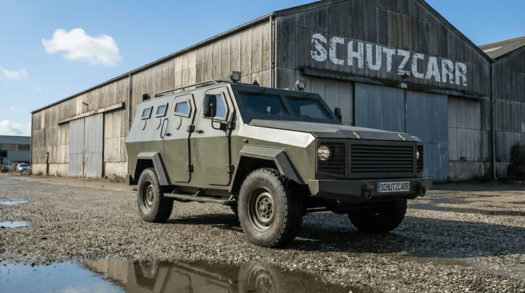 APC Shark armored vehicle parked at SchutzCarr warehouse as part of growing global armored market