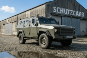 APC shark parked outside a warehouse schutzcarr