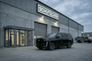 Black 2025 Cadillac Escalade positioned near the entrance schutzcarr