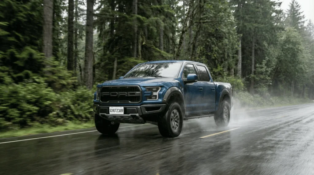 Ford Raptor driving at speed on a rainy forest highway schutzcarr
