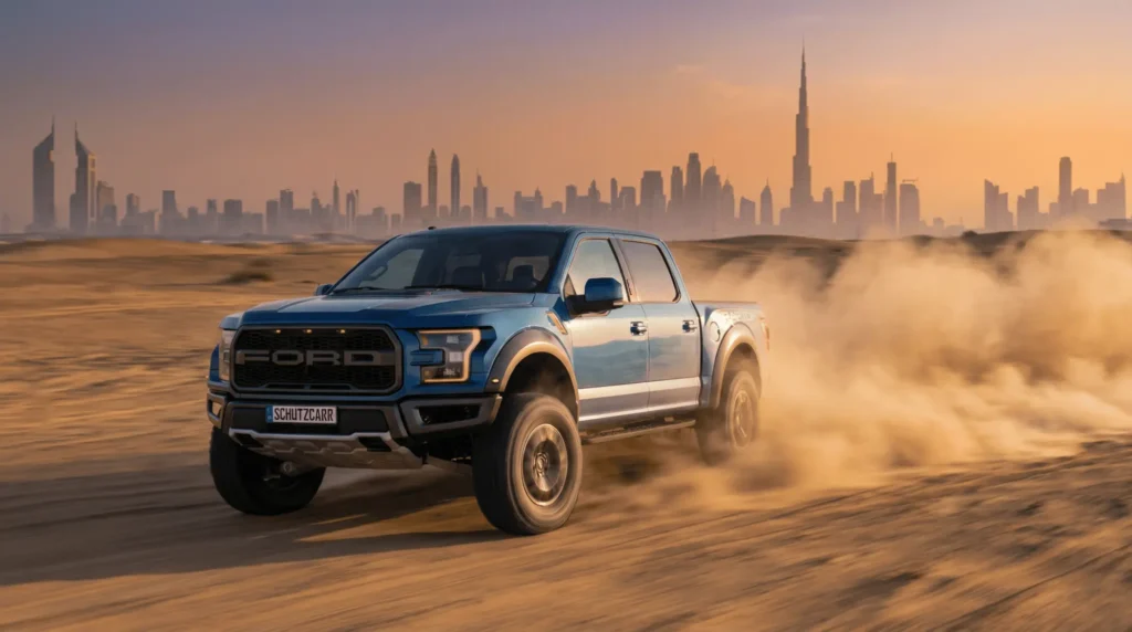 Ford Raptor driving through the desert schutzcarr