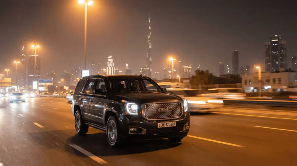GMC denali 2025 driving on the dubai highway schutzcarr