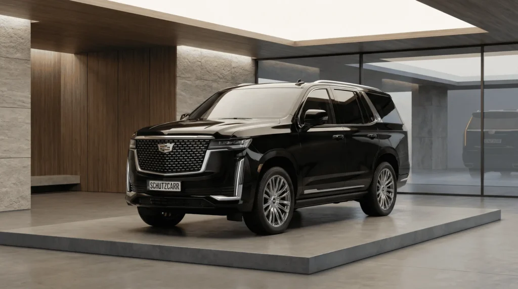 High-end commercial image of a black 2025 Cadillac Escalade displayed in a premium showroom schutzcarr