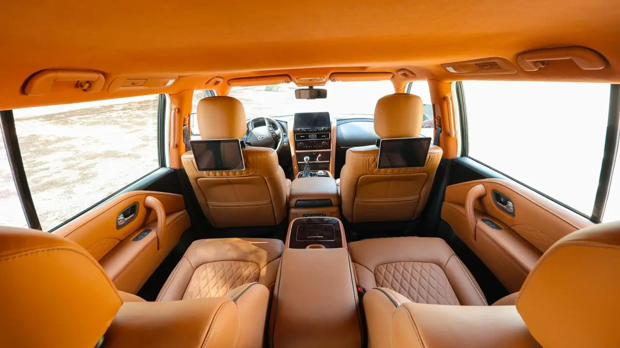 Infiniti QX80 4WD Extended BR6 Armored SUV interior with screens