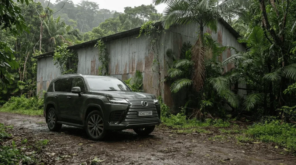 Lexus LX600 SUV outside warehouse in the jungle schutzcarr