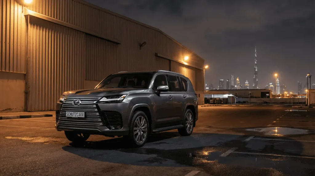 Lexus LX600 parked outside an industrial warehouse schutzcarr