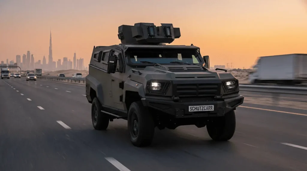 MRAP is on the Dubai desert highway sunset schutzcarr