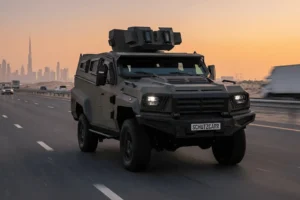 MRAP is on the Dubai desert highway sunset schutzcarr