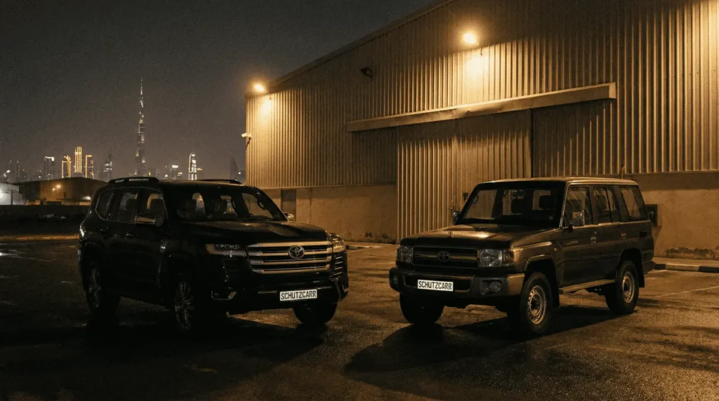 Toyota Land Cruiser 300 GXR and a Toyota Land Cruiser 76 are parked outside a warehouse schutzcarr