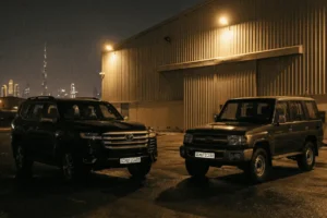 Toyota Land Cruiser 300 GXR and a Toyota Land Cruiser 76 are parked outside a warehouse schutzcarr