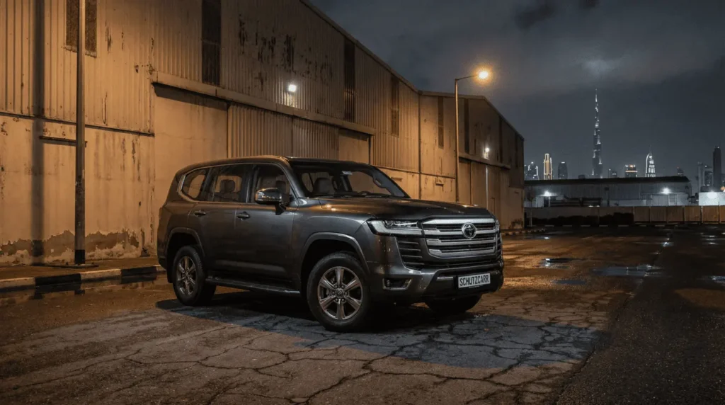 Toyota Land Cruiser 300 GXR parked outside a warehouse schutzcarr