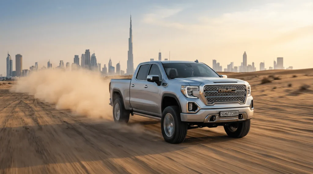 a GMC Denali driving through Dubai. schutzcarr