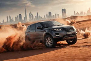 a Range Rover Evoque driving through the desert schutzcarr