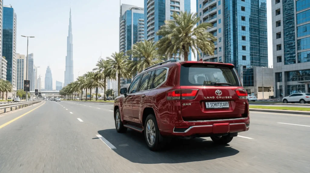 a TOYOTA-Land-Cruiser-300 GXR Red driving on roads of dubai