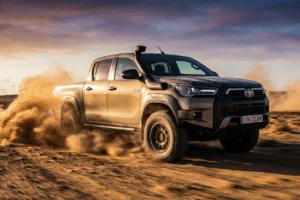 a Toyota Hilux speeding through the desert schutzcarr