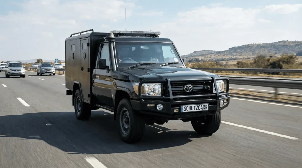 a black Toyota Land Cruiser 79 cash in transit driving on the highway