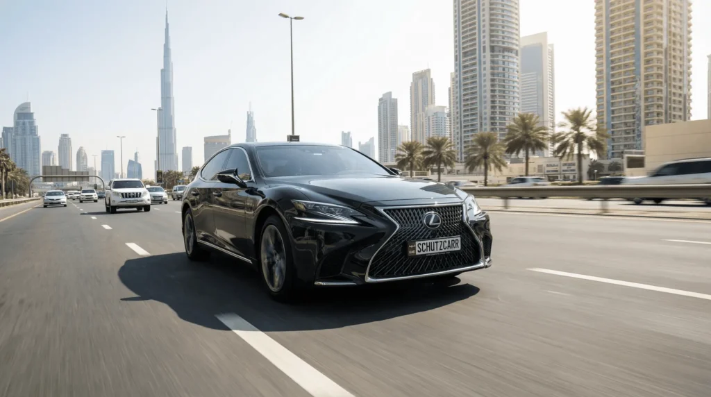 a black luxury lexus sedan in transit driving on the highway in dubai