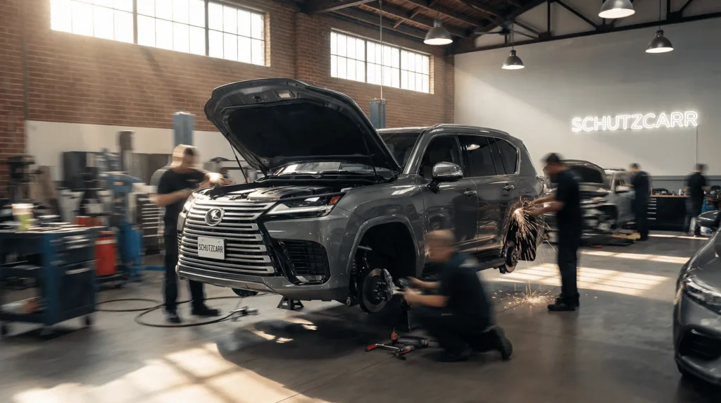 action photo of a Lexus LX600 in a body shop schutzcarr