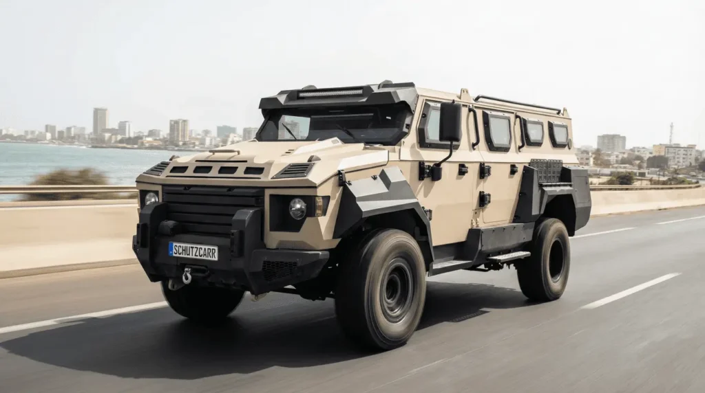 apc mono q driving on the road outside dakar schutzcarr