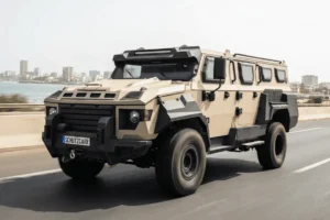 apc mono q driving on the road outside dakar schutzcarr
