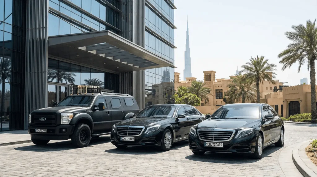 armored sedans & SUVs parked outside facility schutzcarr