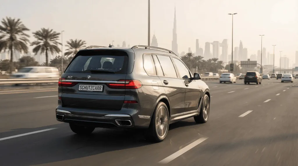 bmw x7 driving on the dubai highway schutzcarr