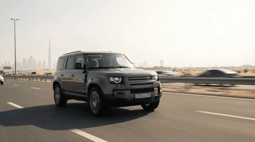 land rover defender on the dubai highway schutzcarr