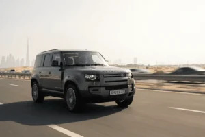 land rover defender on the dubai highway schutzcarr