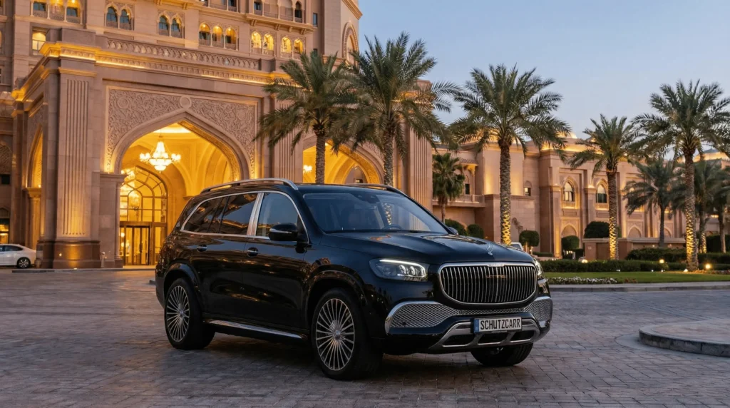 Mercedes Maybach armored sedan outside a hotel for discreet VIP diplomatic transport
