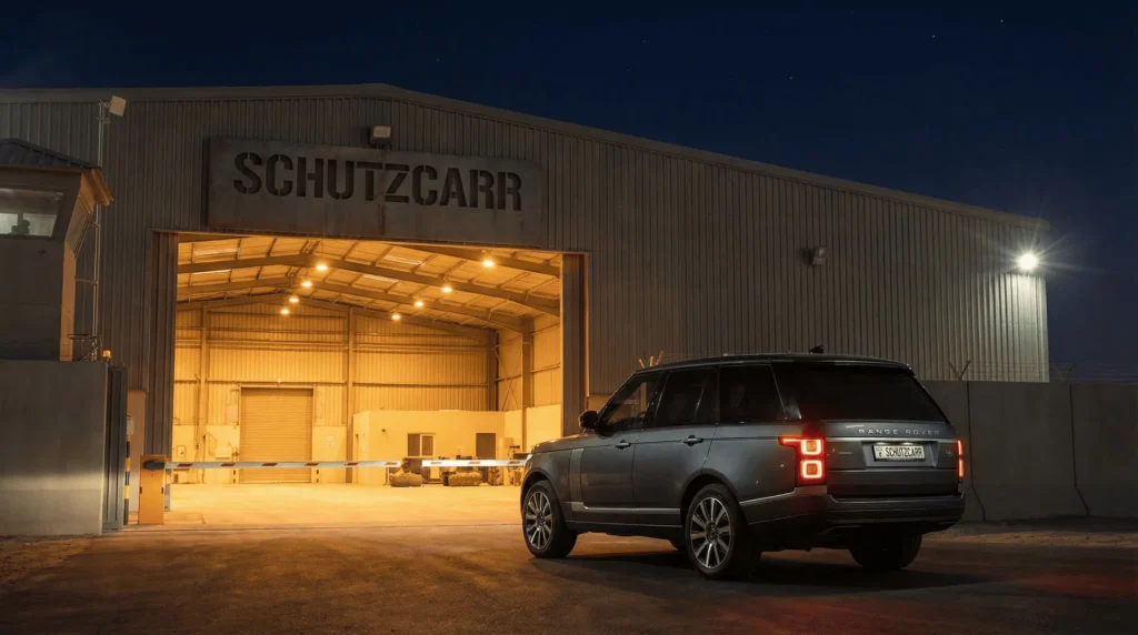 Range Rover Vogue armored SUV parked outside SchutzCarr warehouse at night
