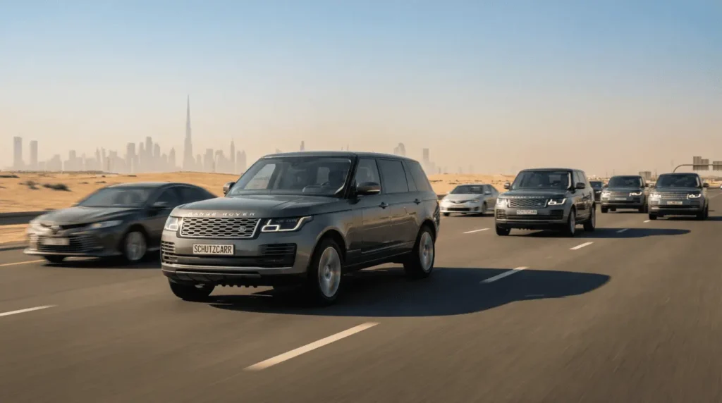 range rovers driving on highway schutzcarr