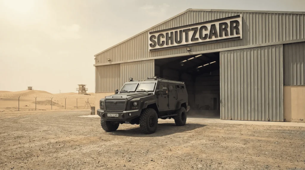 schutzcarr MRAP parked outside desert warehouse
