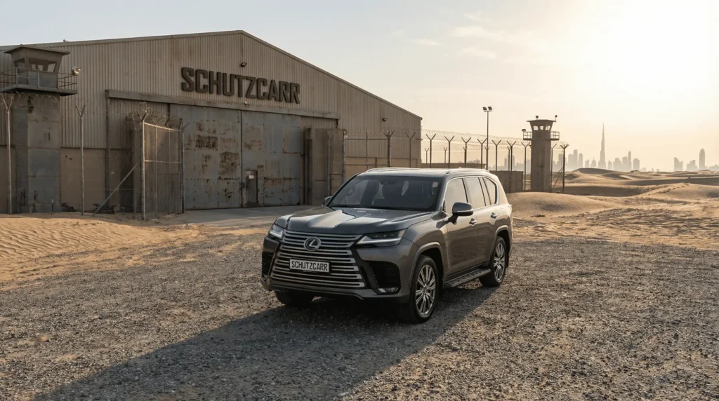 SchutzCarr Lexus armored SUV outside warehouse prepared for VIP diplomatic visit