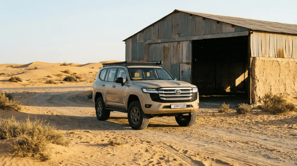 Toyota Land Cruiser 300 GXR extended BR6 parked outside warehouse discreet styling