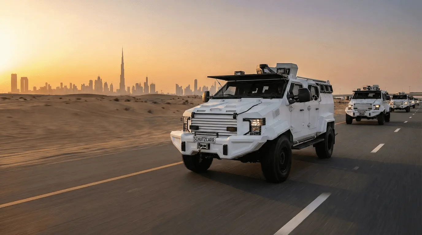apc shark convoy on dubai highway schutzcarr