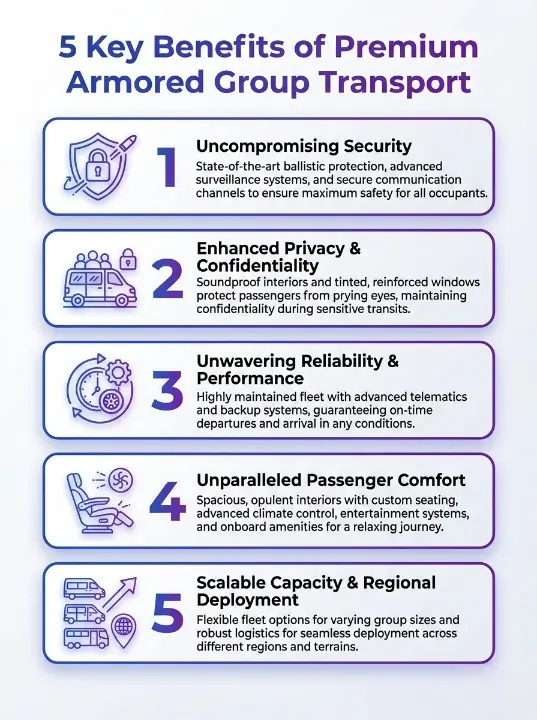 five key benefits of premium armored group transport infographic schutzcarr